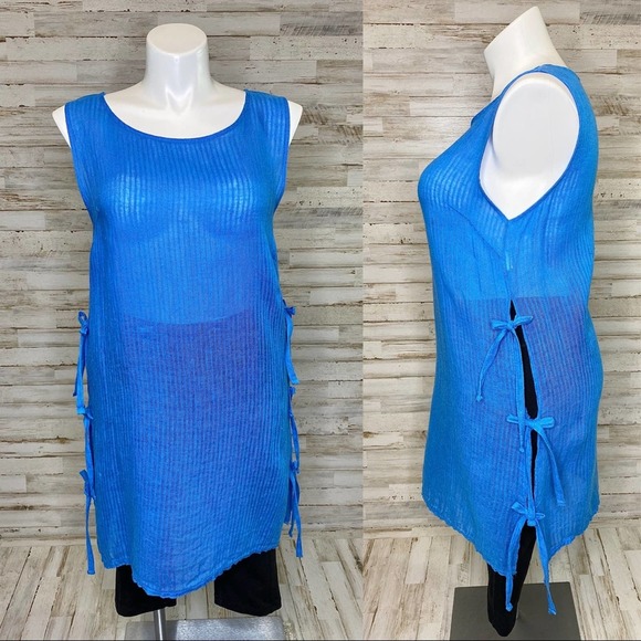 Lungo L'Arno Tops - Lungo L’Arno Linen Tunic Womens Size L Blue Subtle Stripe Side Tie Italian